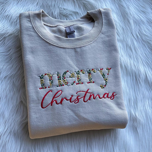 FLORAL Merry Christmas sweatshirt -Christmas embroidered sweatshirt