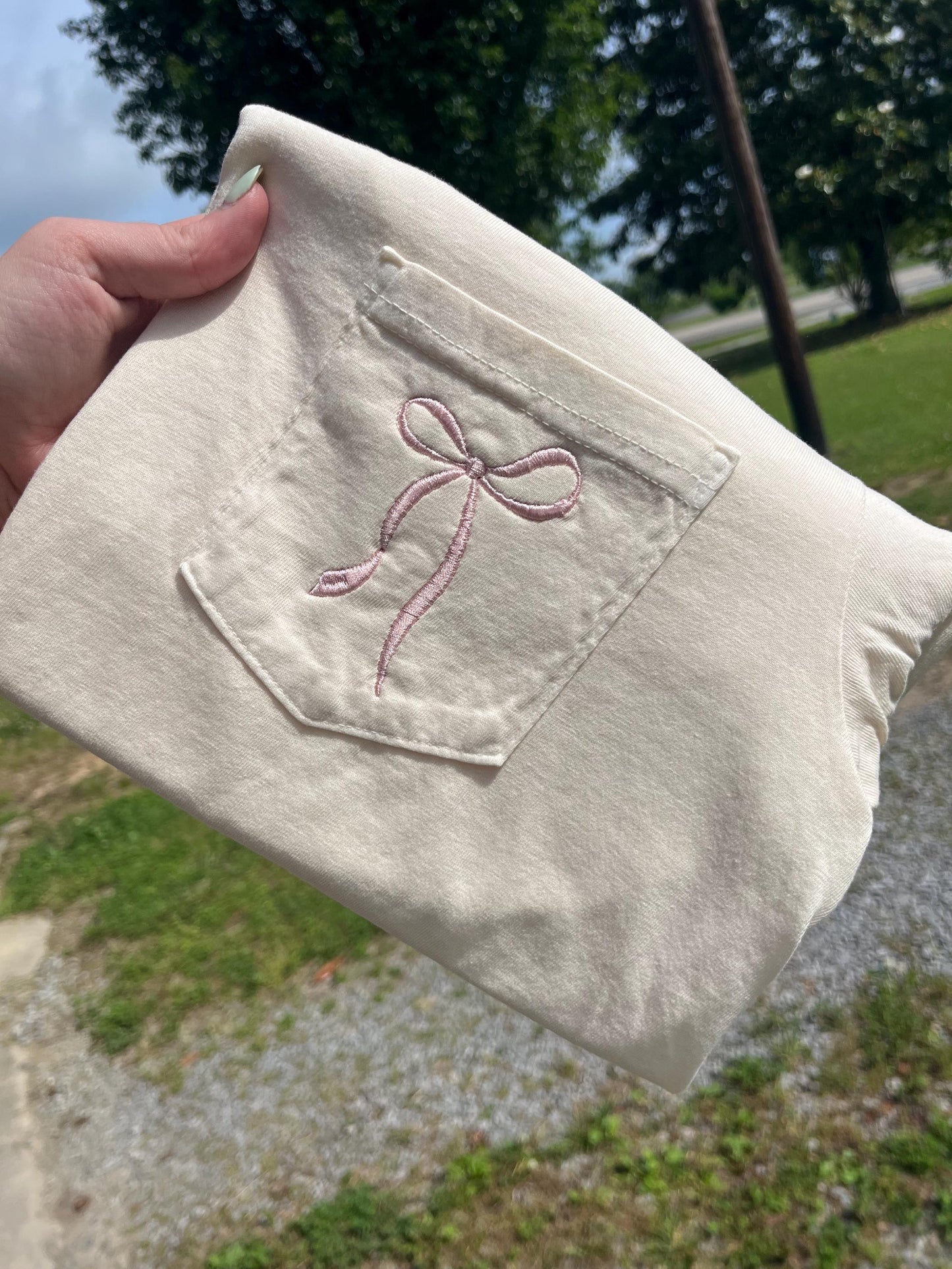 Trendy Bow Embroidered Comfort Colors Pocket Tee
