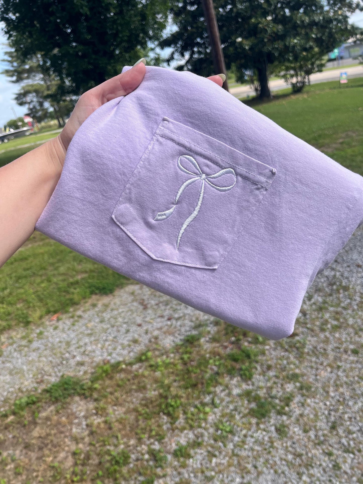 Trendy Bow Embroidered Comfort Colors Pocket Tee