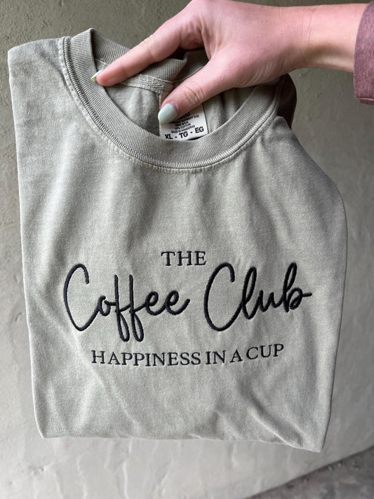 Coffee Club Shirt – Happiness in a Cup, Embroidered Coffee Lover Tee