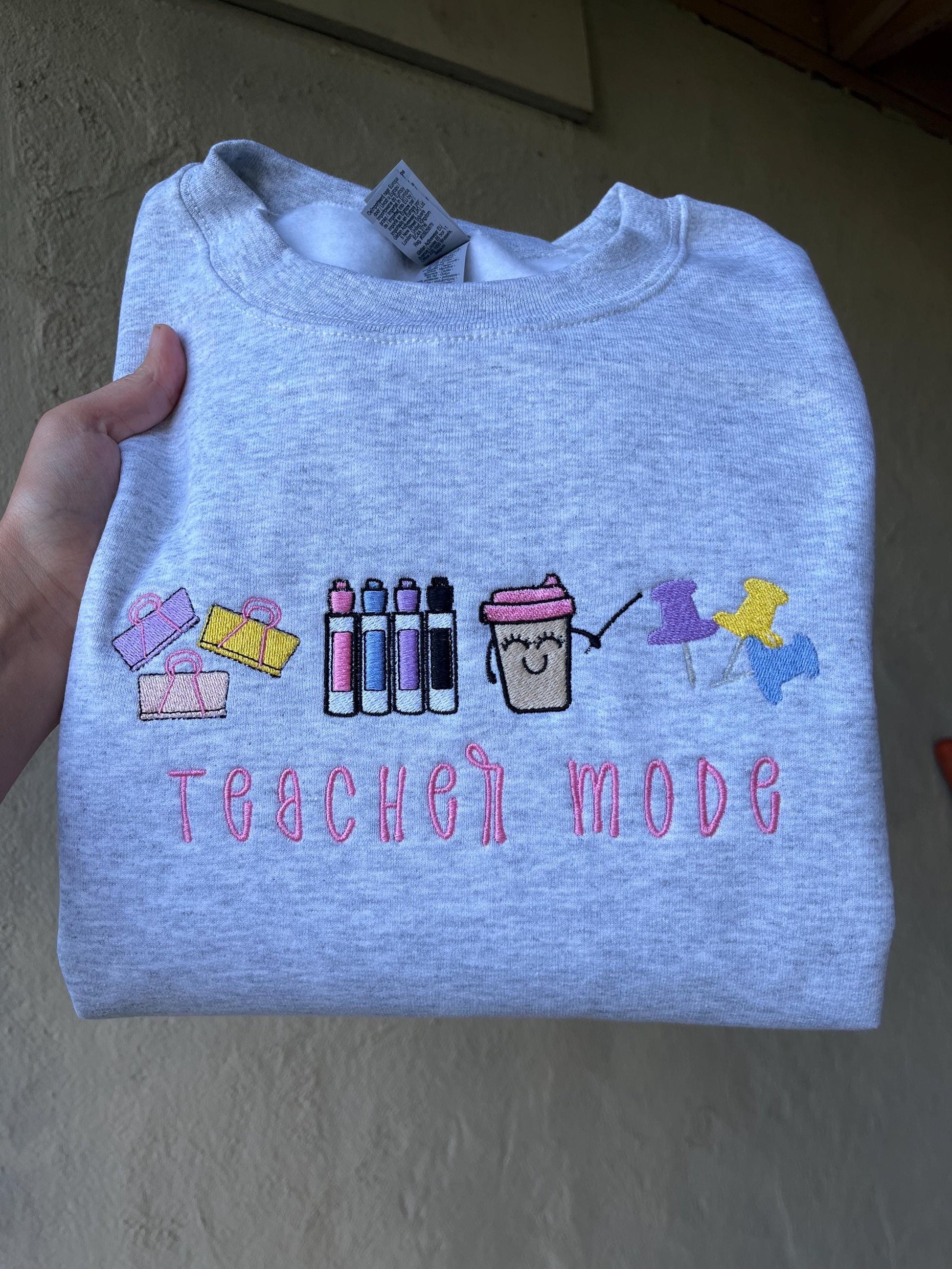 Teacher Mode Embroidered Sweatshirt – Cute Teacher Crewneck with Icons