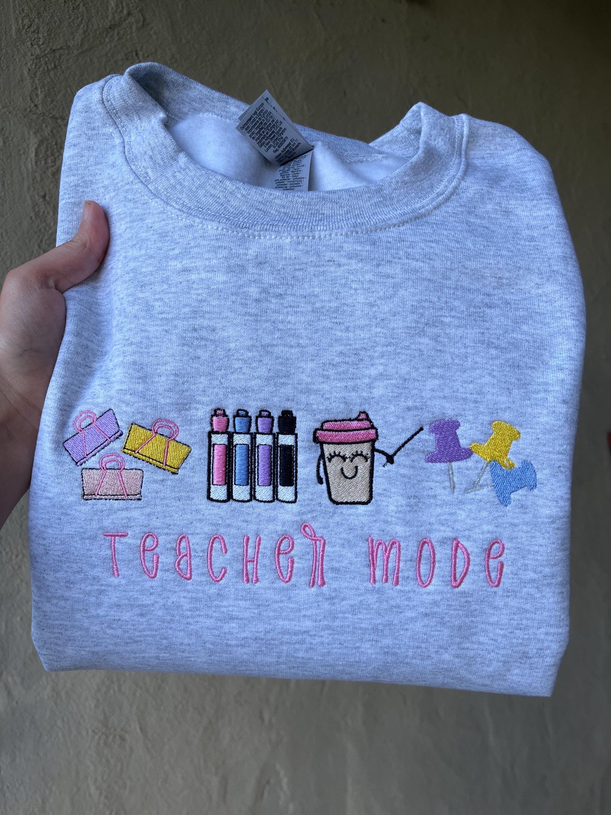 Teacher Mode Embroidered Sweatshirt – Cute Teacher Crewneck with Icons