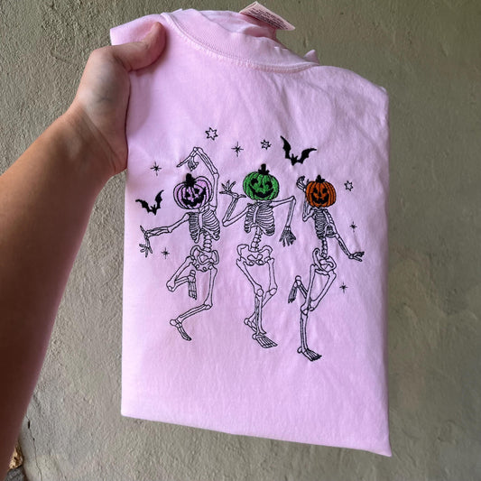 Pink Embroidered Halloween Shirt | Dancing Skeletons with Pumpkin Heads | Comfort Colors Fall Tee