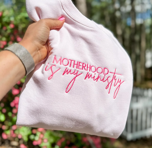 Motherhood Is My Ministry Embroidered Sweatshirt | Christian Mom Gift | Faith-Based Crewneck | Pink Cozy Pullover for Moms