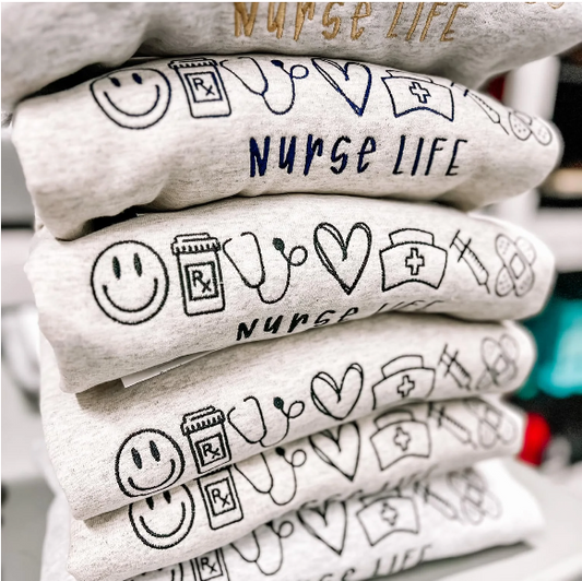 Nurse Life Embroidered Sweatshirt | Cute RN Gift for Nurses | Stethoscope, Heart & Smiley Face | Medical Crewneck Pullover