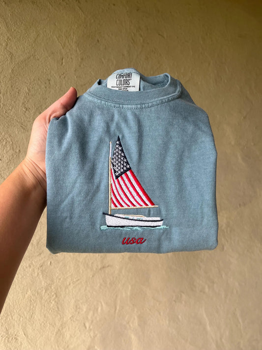 Youth America Comfort Colors Tee - 4th Of July Sailboat Embroidered Tee