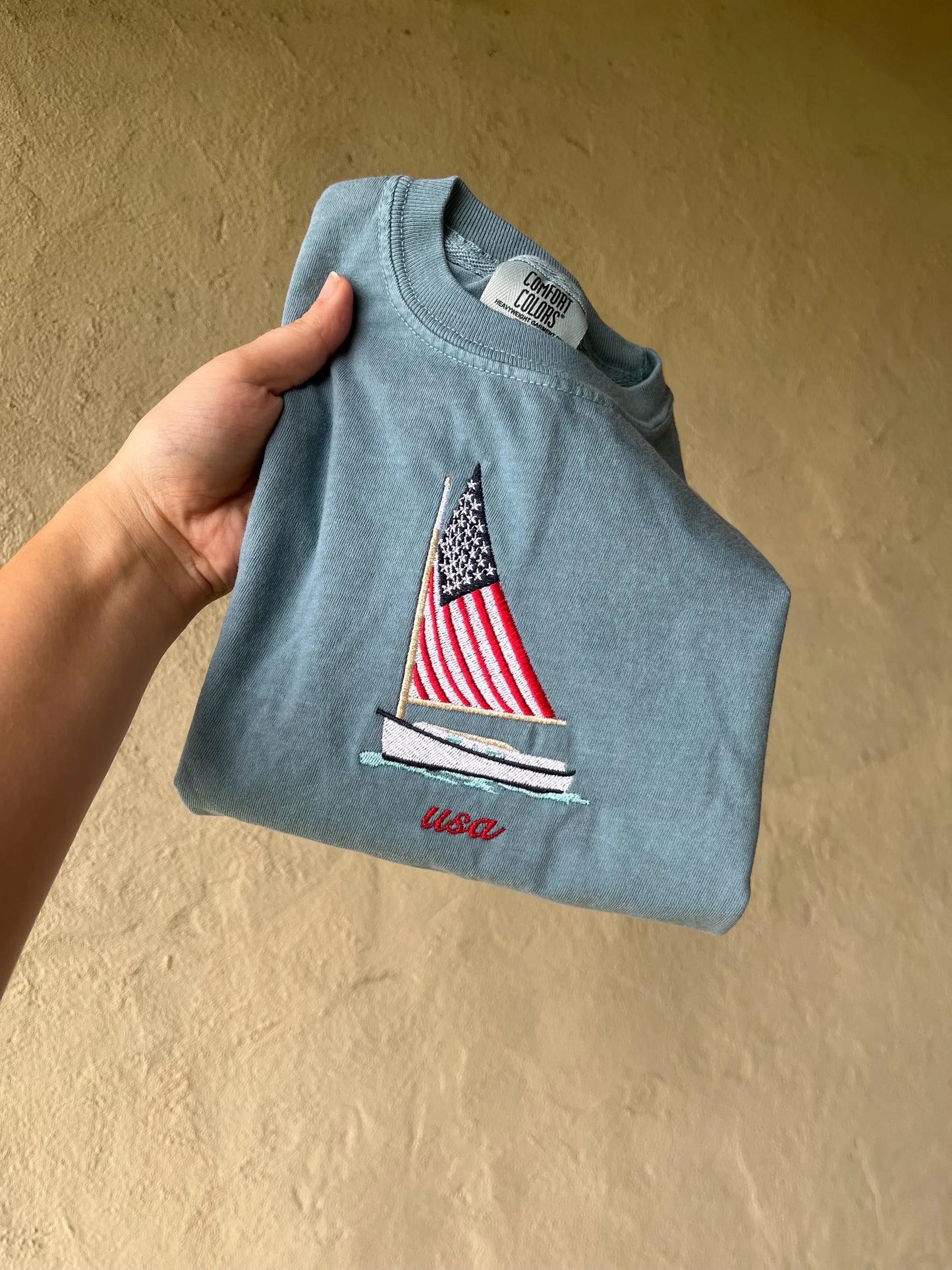 Youth America Comfort Colors Tee - 4th Of July Sailboat Embroidered Tee