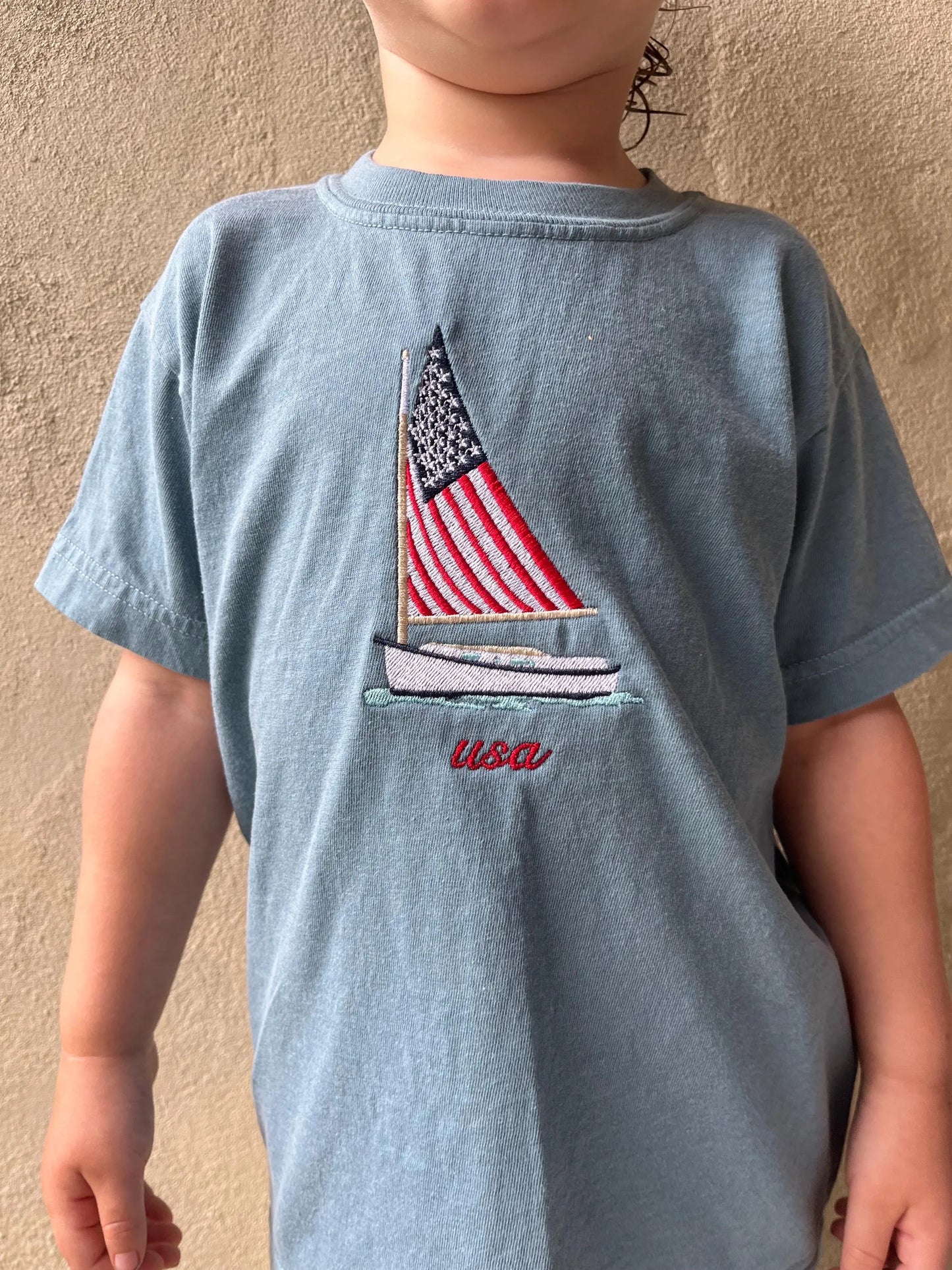 Youth America Comfort Colors Tee - 4th Of July Sailboat Embroidered Tee